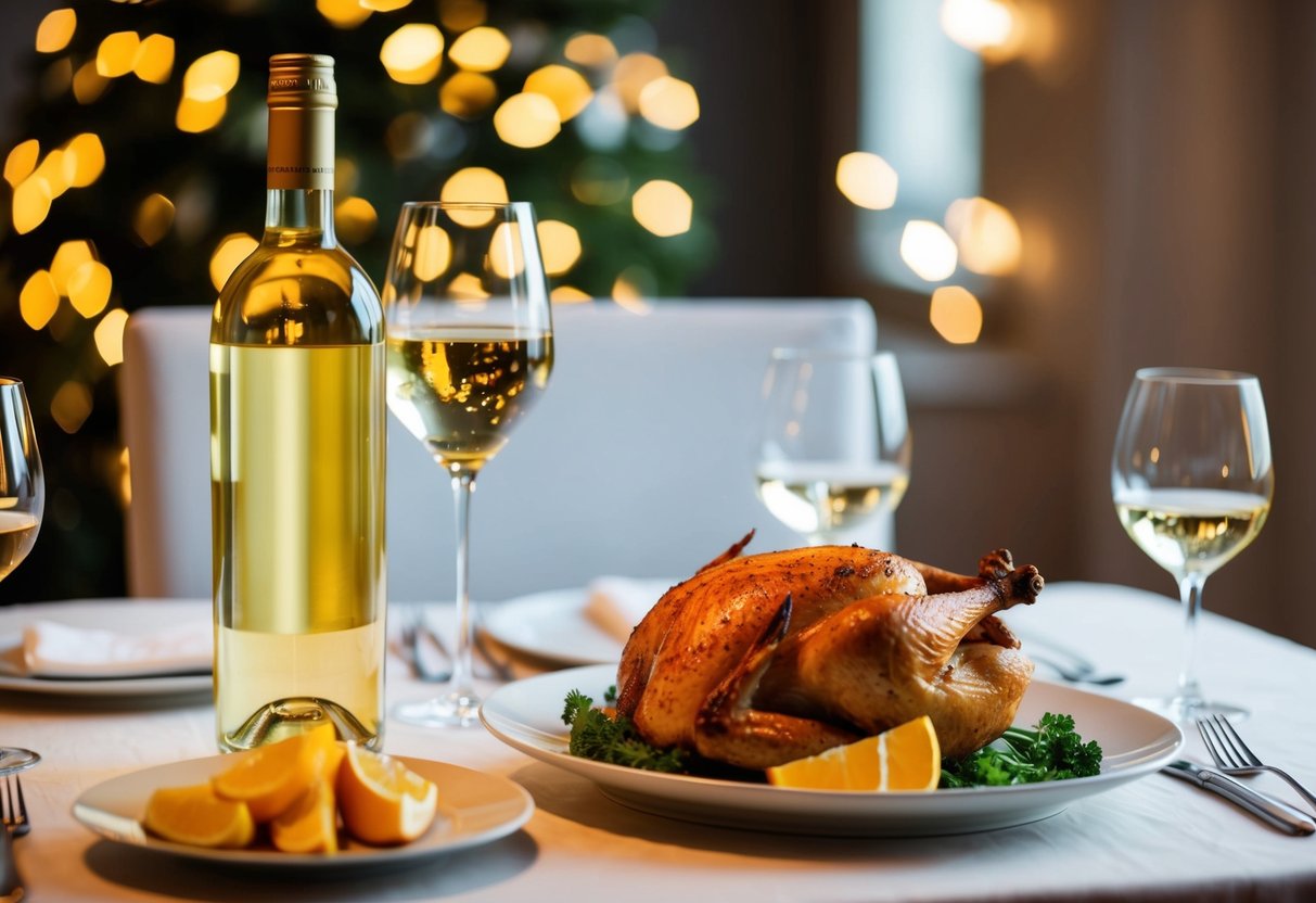 A bottle of white wine next to a roasted chicken on a dining table