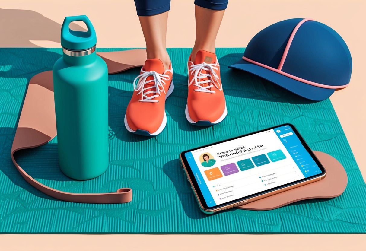 A person's workout gear and a reusable water bottle on a sustainable yoga mat, with a personalized workout plan on a digital device