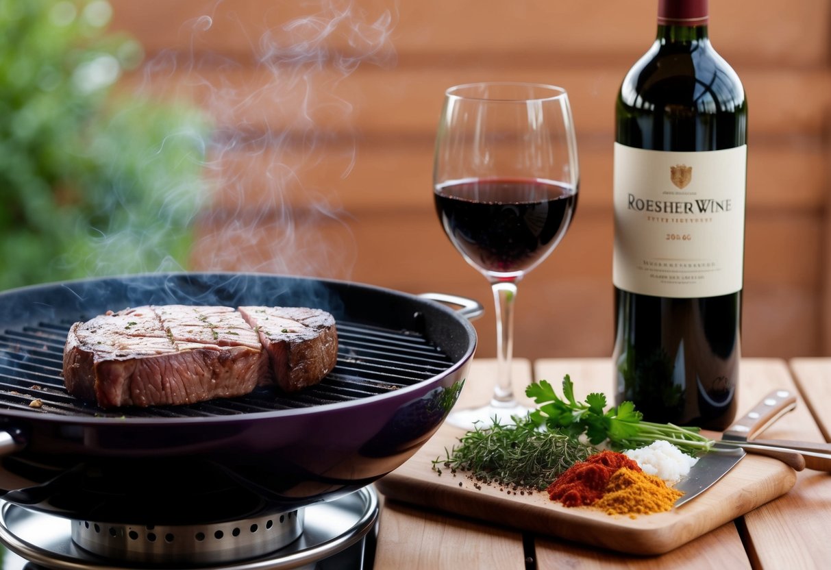 A juicy steak sizzling on a grill next to a bottle of rich red wine and a spread of fresh herbs and spices