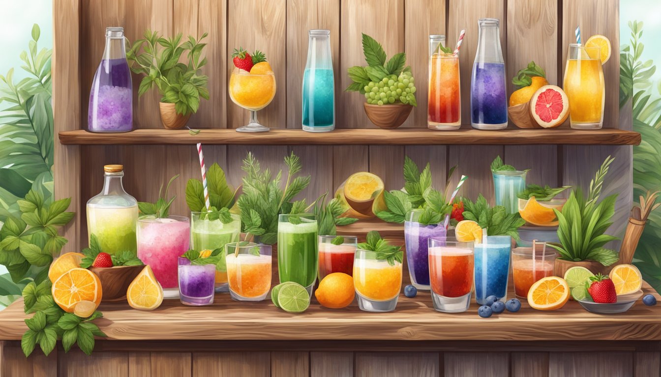 A rustic wooden bar adorned with colorful glasses filled with vibrant kefir cocktails, surrounded by fresh fruits and herbs