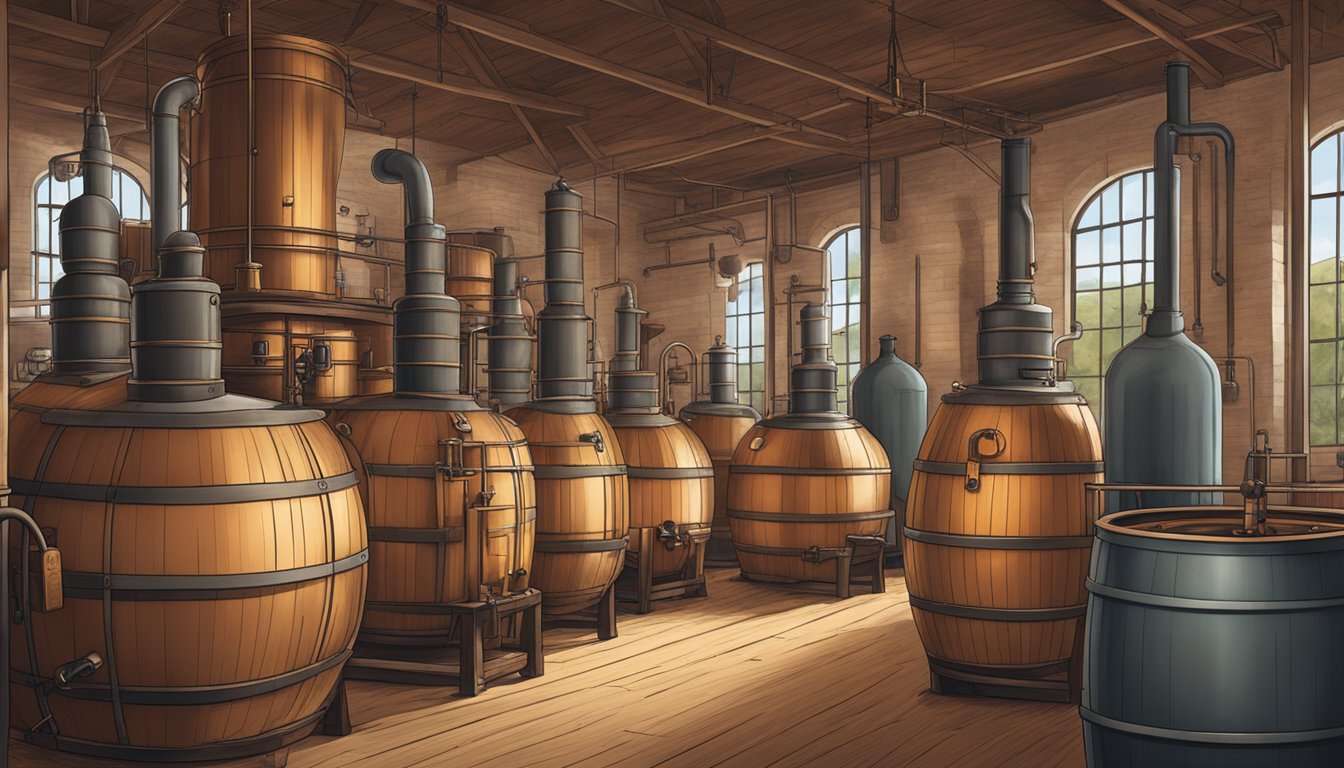 A distillery in Texas producing aquavit, with copper stills and barrels aging the spirit