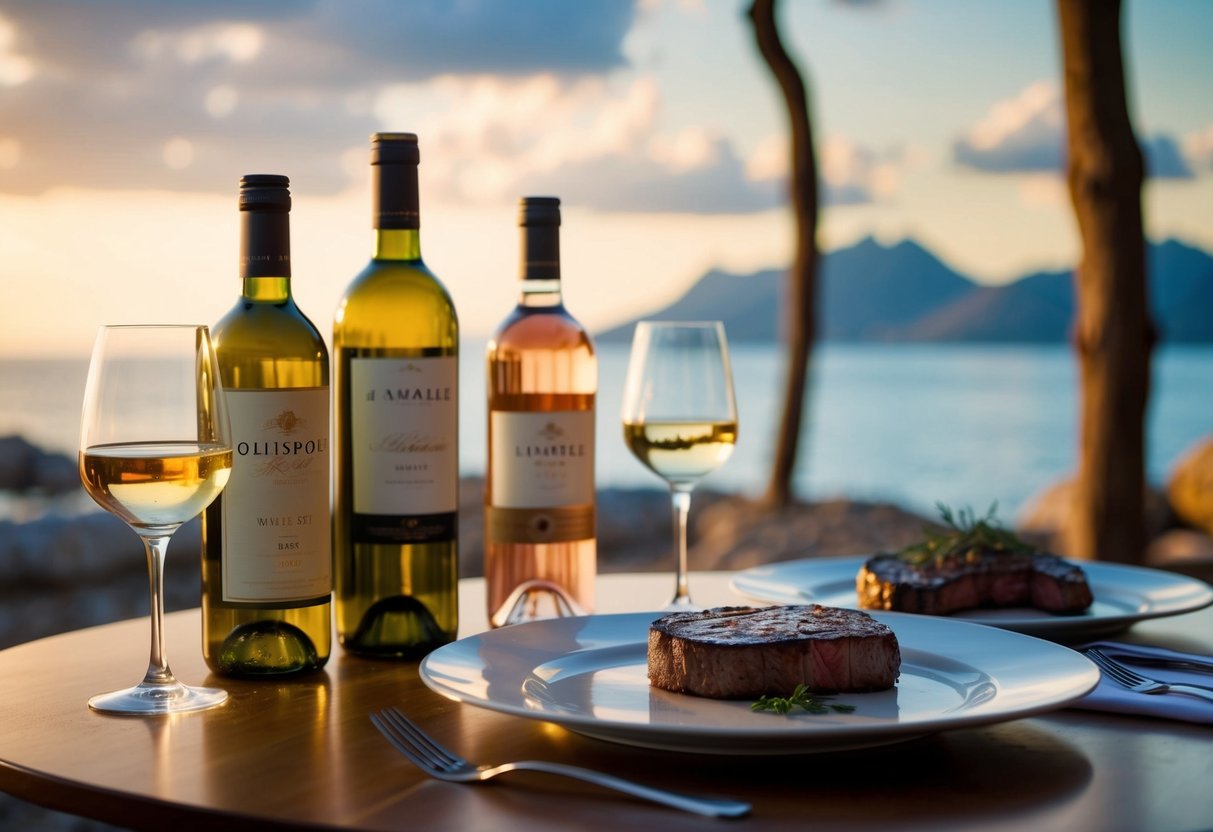 A table set with a variety of white wines and rosés, alongside a perfectly cooked steak, set against a backdrop of an adventurous outdoor setting