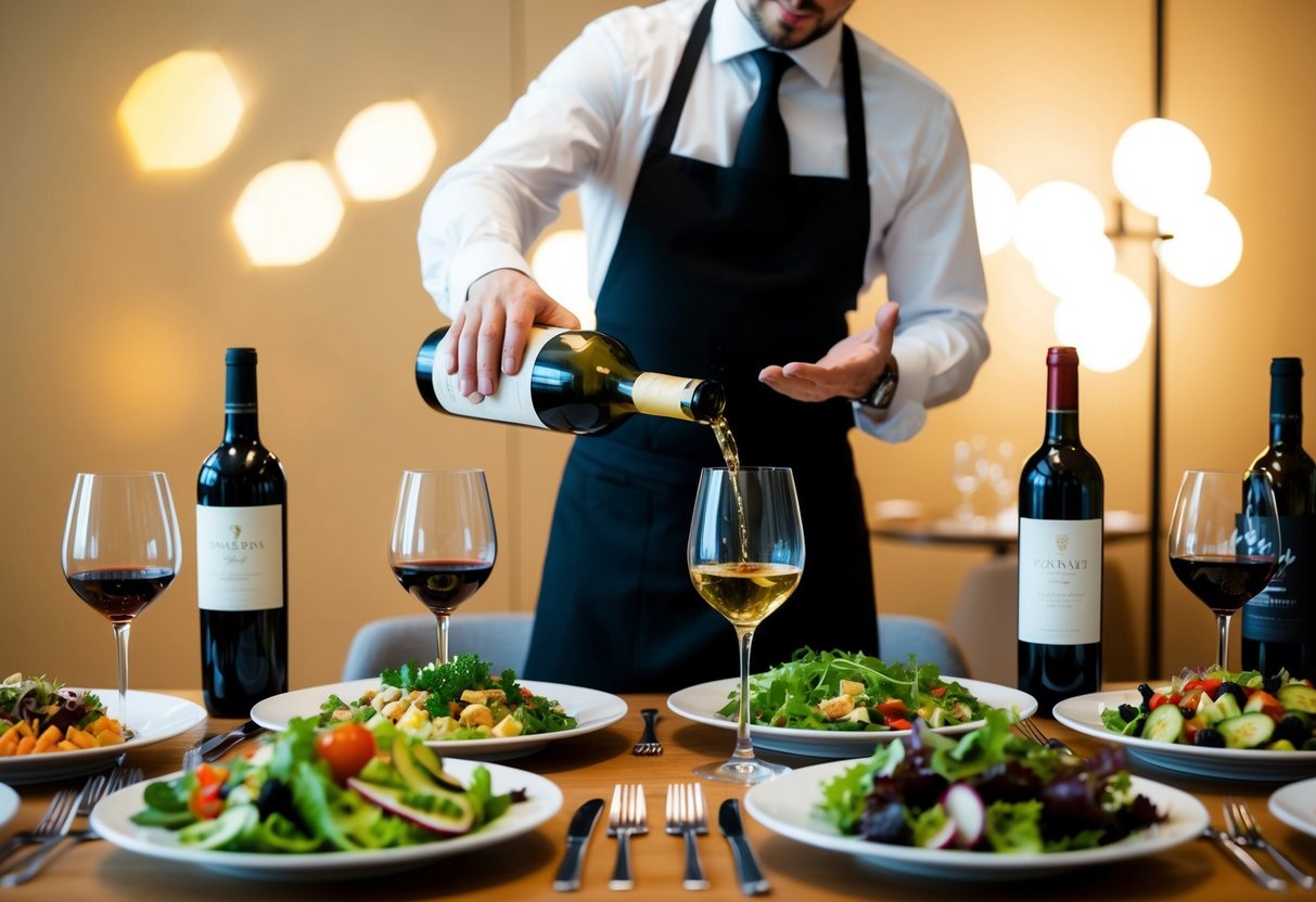 A table set with various types of salads and wine bottles, with a sommelier pouring wine into a glass while explaining the pairing