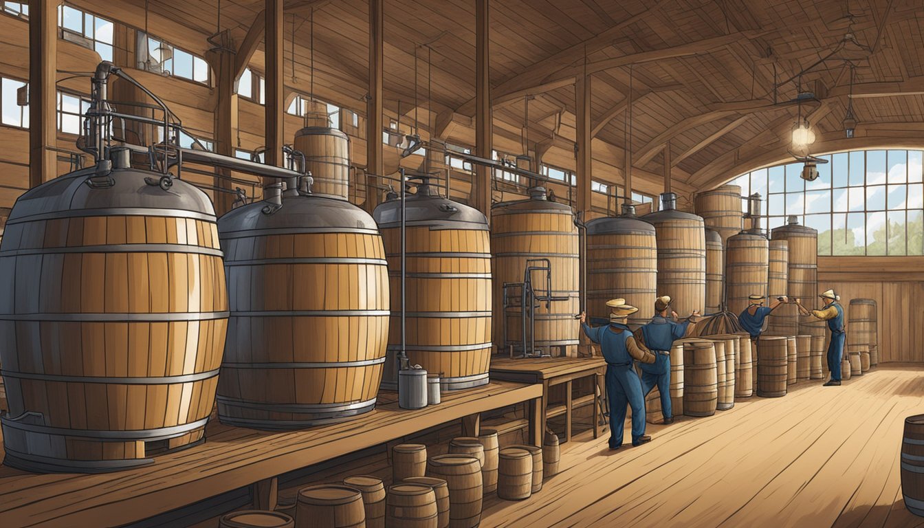 A distillery in Texas producing aquavit, with barrels aging and workers bottling the spirit for distribution