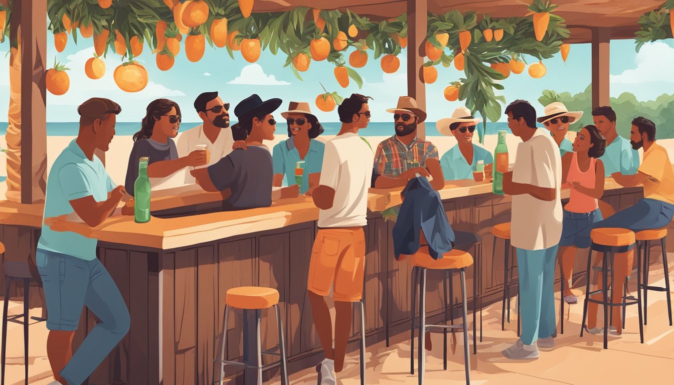 A group of people gathered around a bar in Texas, enjoying the refreshing and tangy flavors of micheladas on a hot summer day