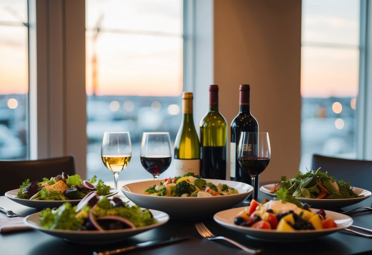 A table set with various salads and wine bottles