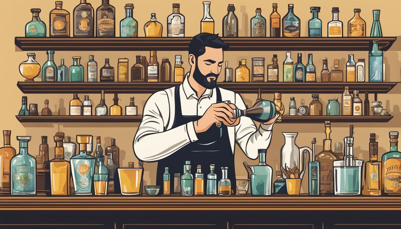 A bartender expertly pours Texas-made aquavit into a cocktail shaker, surrounded by various bottles of liquor and mixology tools on a sleek bar counter