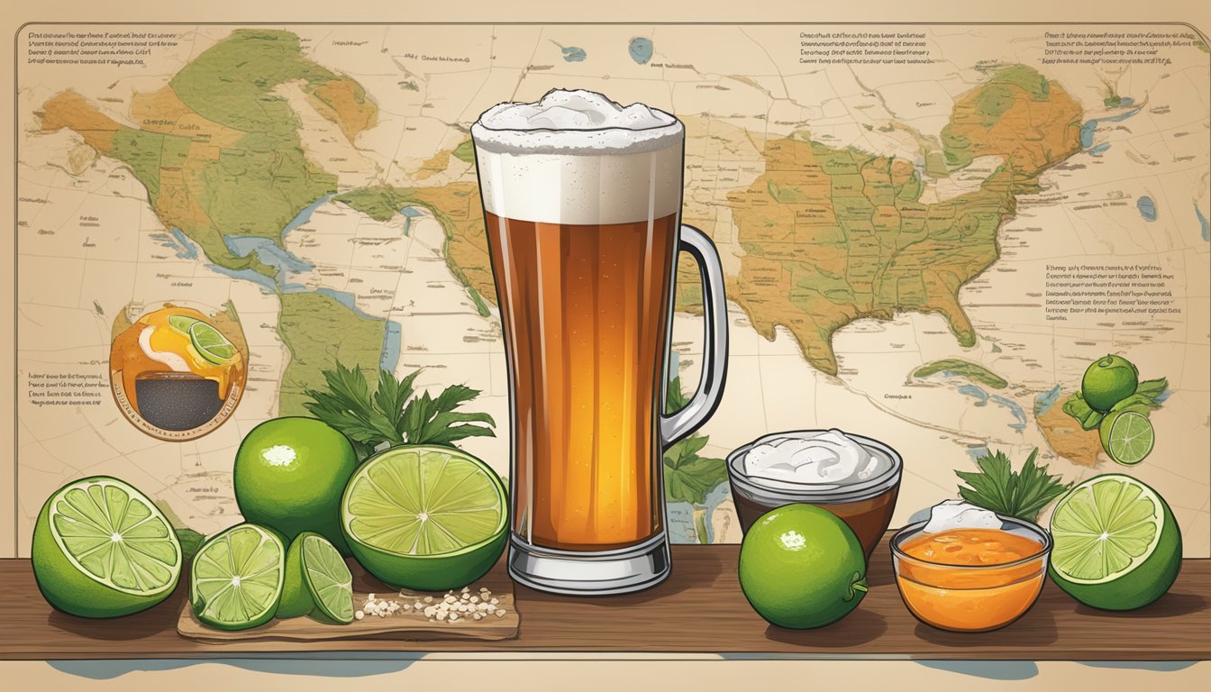 A table with various michelada ingredients, including beer, lime, hot sauce, and spices. A map of Texas in the background with a timeline of the michelada's history