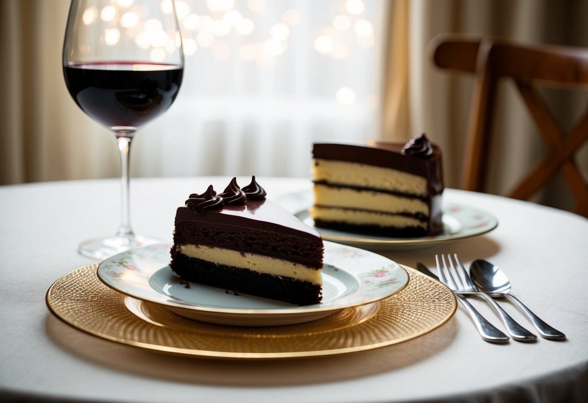 A table set with a glass of red wine and a slice of chocolate cake on a delicate plate