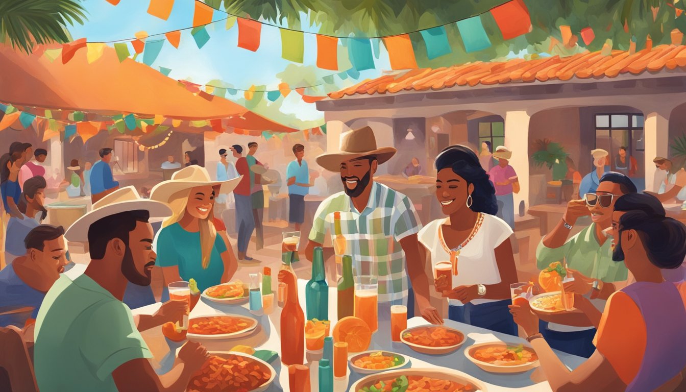 A festive outdoor scene with a group of people enjoying micheladas at a Texas barbeque, surrounded by colorful decorations and traditional Mexican music