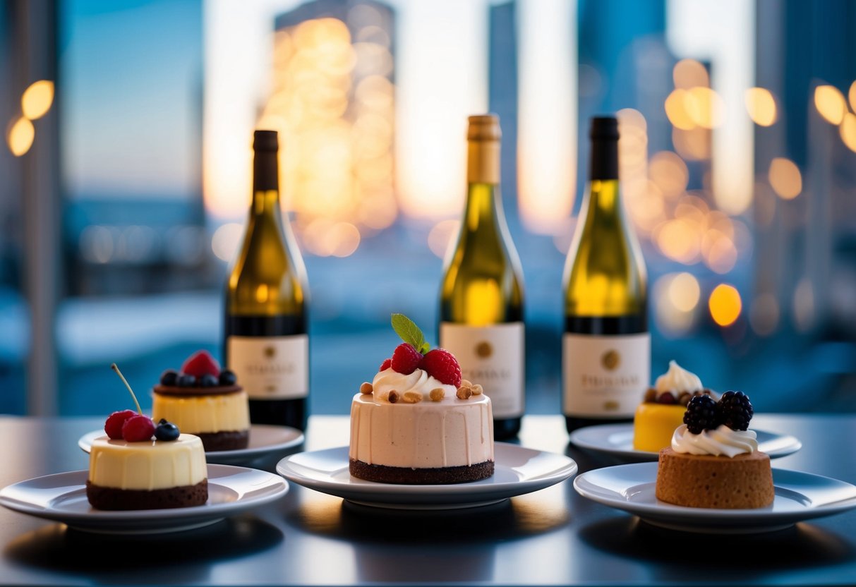 A table set with various desserts and wine bottles, showcasing innovative pairings and trends in the world of wine and dessert