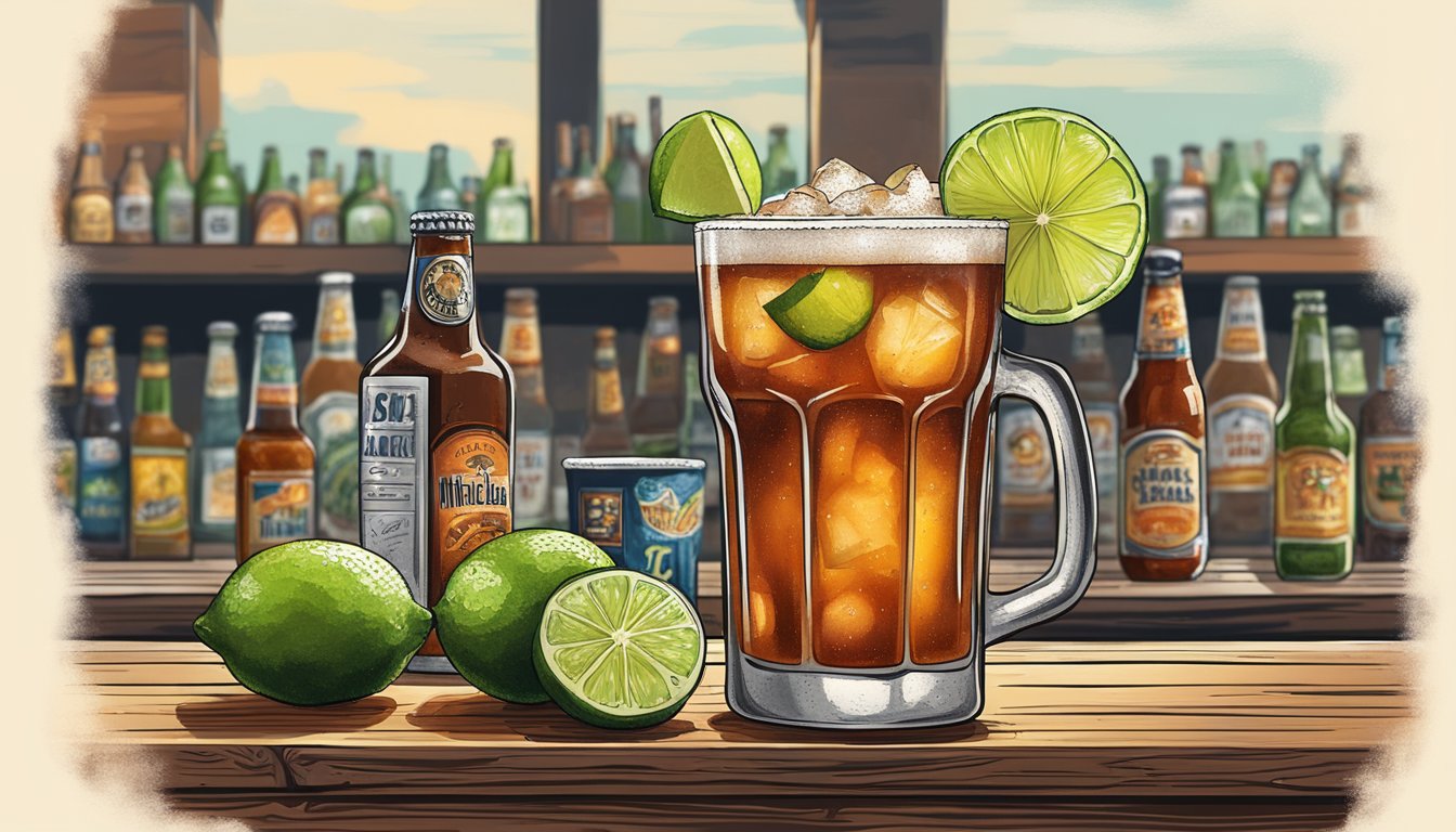 A refreshing michelada sits on a rustic Texas bar counter, surrounded by bottles of beer, hot sauce, and lime wedges