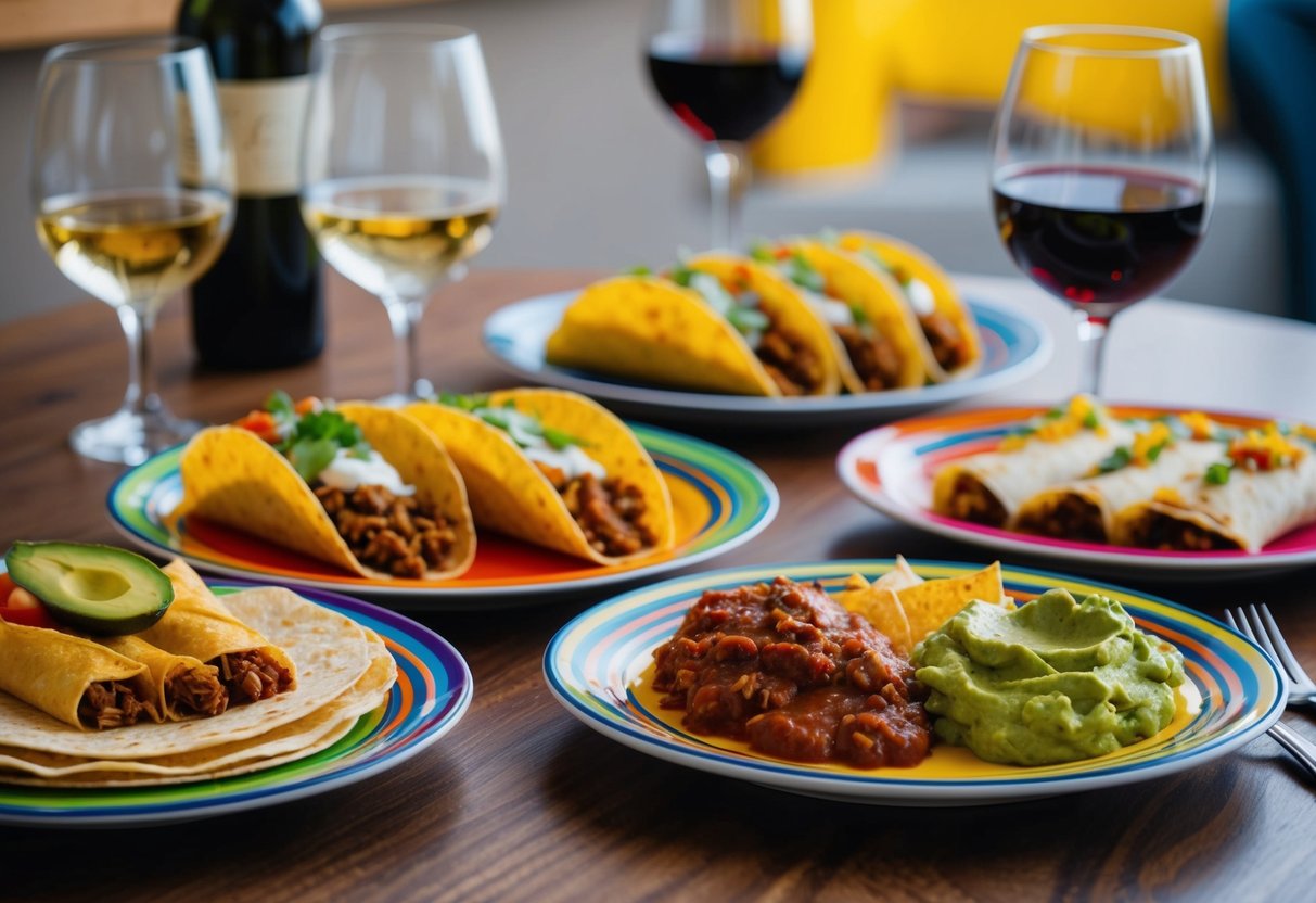 A table set with colorful plates of tacos, enchiladas, and guacamole, alongside glasses of red and white wine