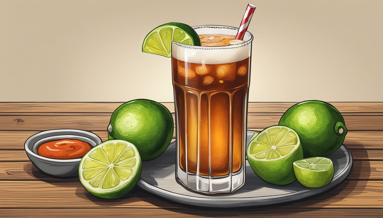 A tall glass of michelada sits on a rustic wooden table, accompanied by a plate of lime wedges and a bottle of hot sauce