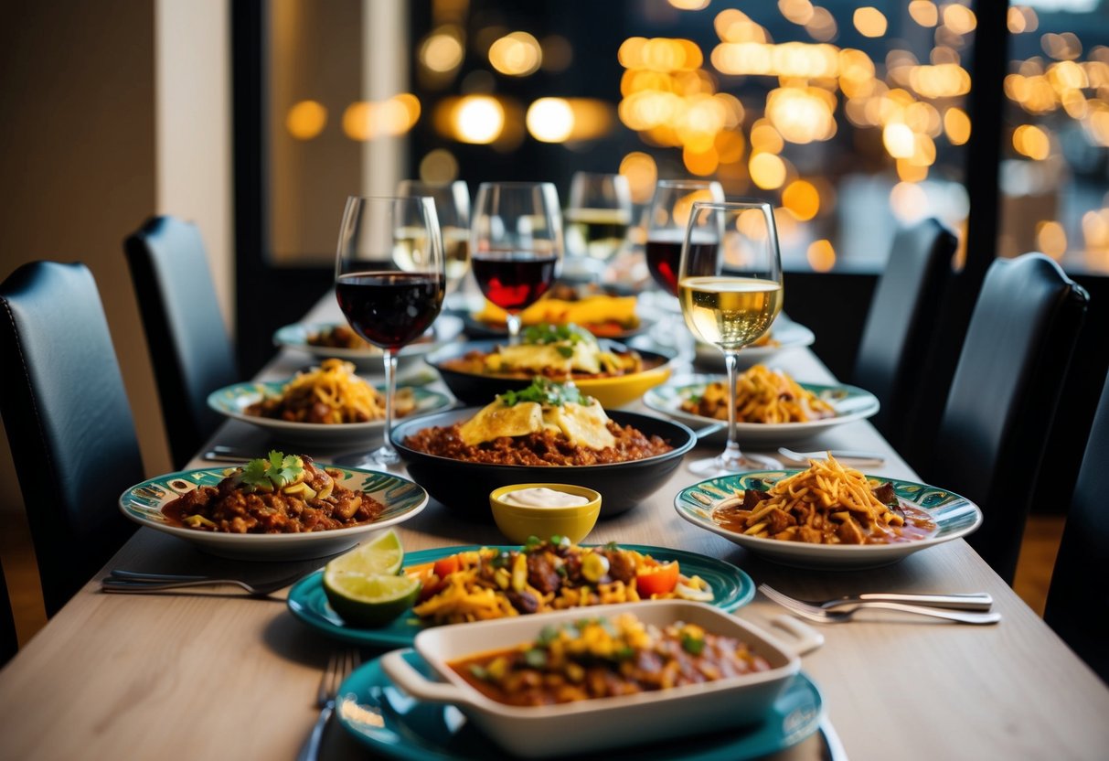 A table set with a spread of Mexican dishes, surrounded by glasses of red and white wine