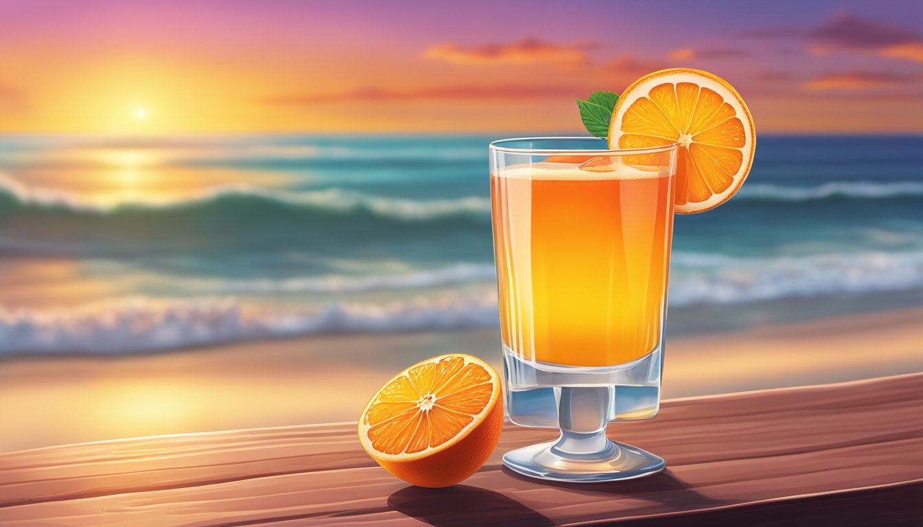 A clear glass filled with orange juice, grenadine, and tequila, topped with a slice of orange and a cherry, set against a backdrop of a beach at sunrise