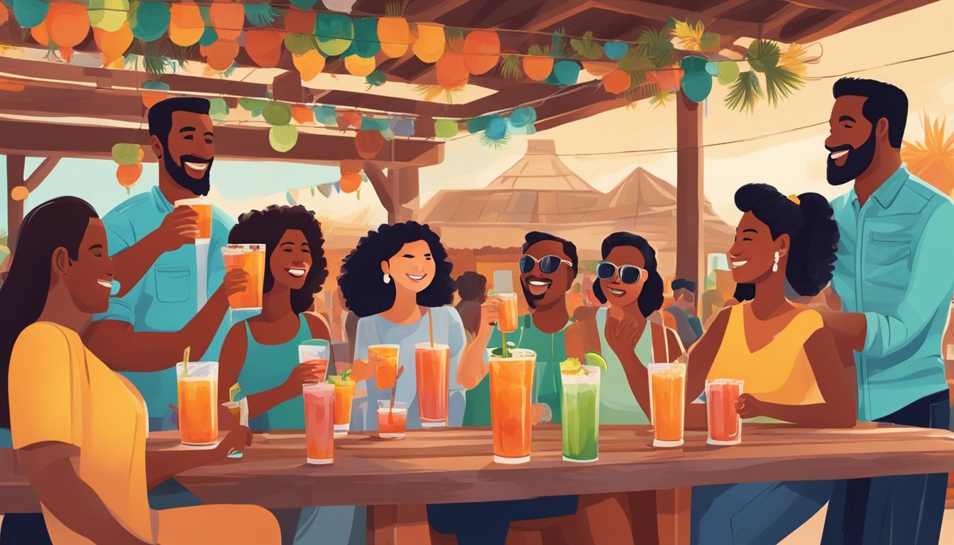 A group of people enjoying micheladas at a lively outdoor Texas bar, with colorful drinks and festive decor