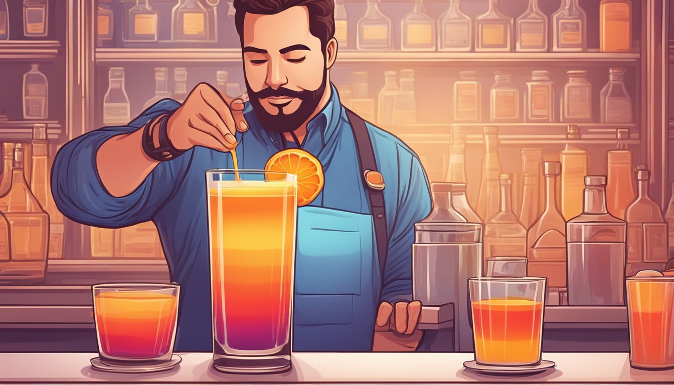 A bartender expertly pours tequila, orange juice, and grenadine into a tall glass, creating the iconic layered gradient of the tequila sunrise cocktail