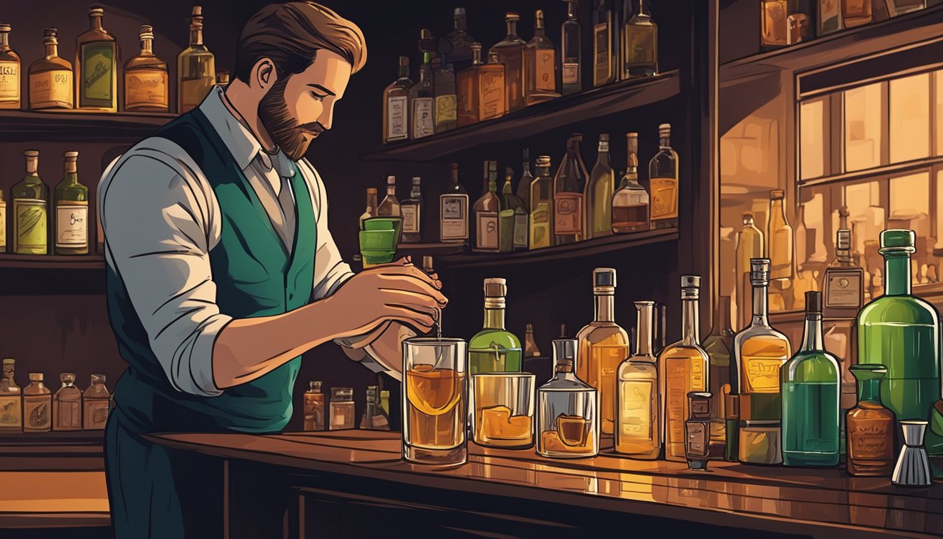 A bartender carefully measures and mixes the ingredients for a sazerac cocktail, including rye whiskey, absinthe, sugar, and bitters, in a dimly lit bar