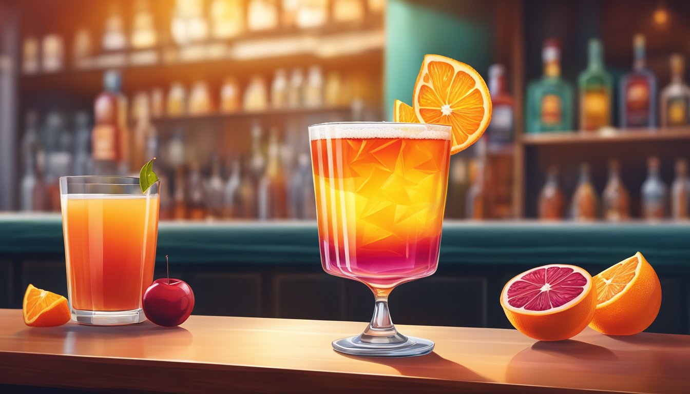 A vibrant tequila sunrise cocktail sits on a bar counter, garnished with a slice of orange and a cherry, with the layered colors of orange juice, grenadine, and tequila shining through the glass