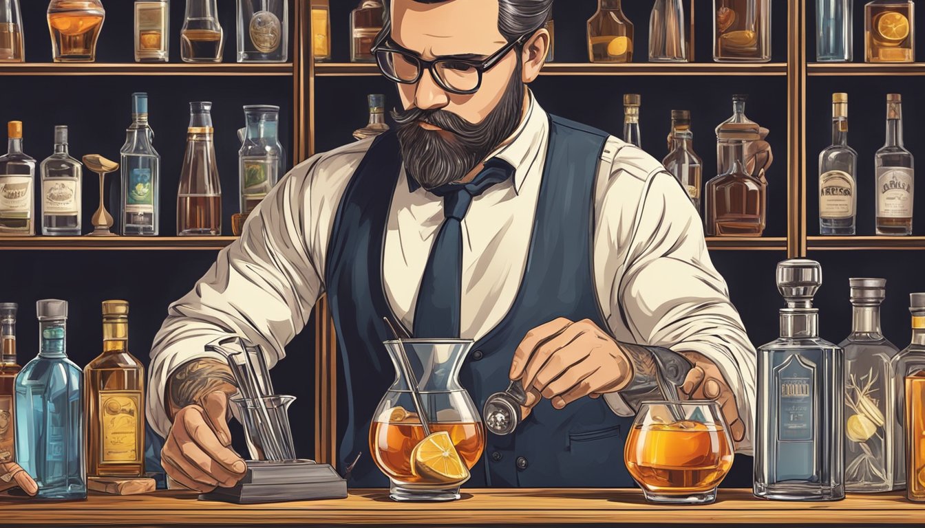 A bartender expertly prepares a sazerac cocktail, arranging the necessary tools and ingredients with precision and skill