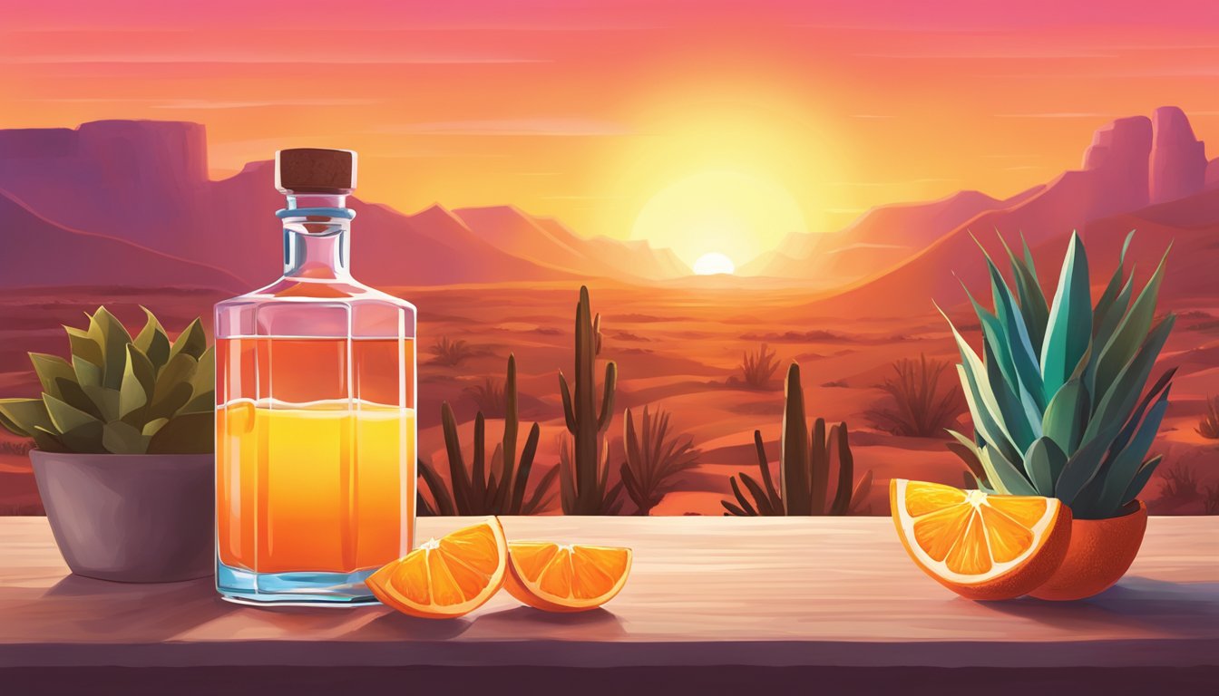 A vibrant sunrise over a desert landscape, with a tequila bottle and orange juice in the foreground, and grenadine slowly cascading into the glass