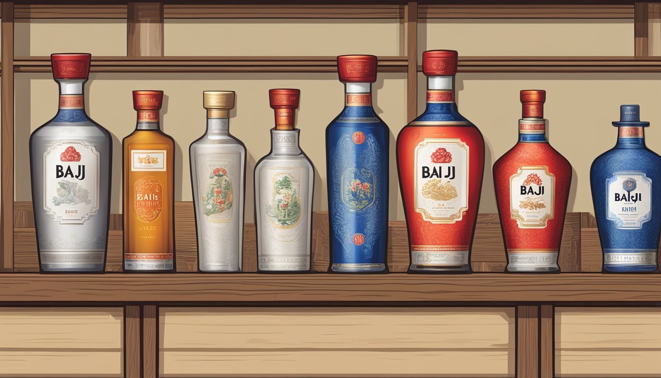 A collection of various types of baijiu bottles displayed on a shelf, with labels indicating different categories. The Texas-made baijiu is prominently featured among them