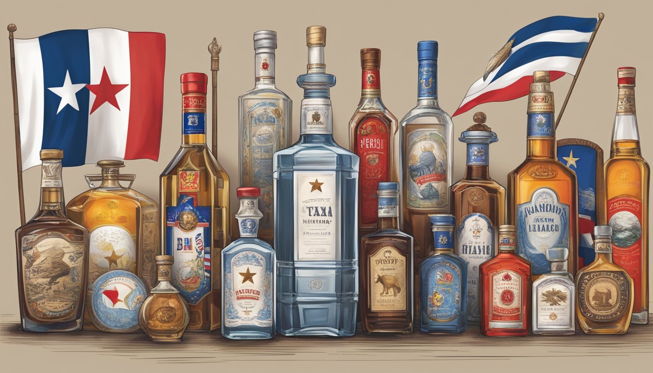 A lone bottle of Texas-made baijiu stands proudly amidst a diverse array of international flags, symbolizing the global expansion of this unique spirit