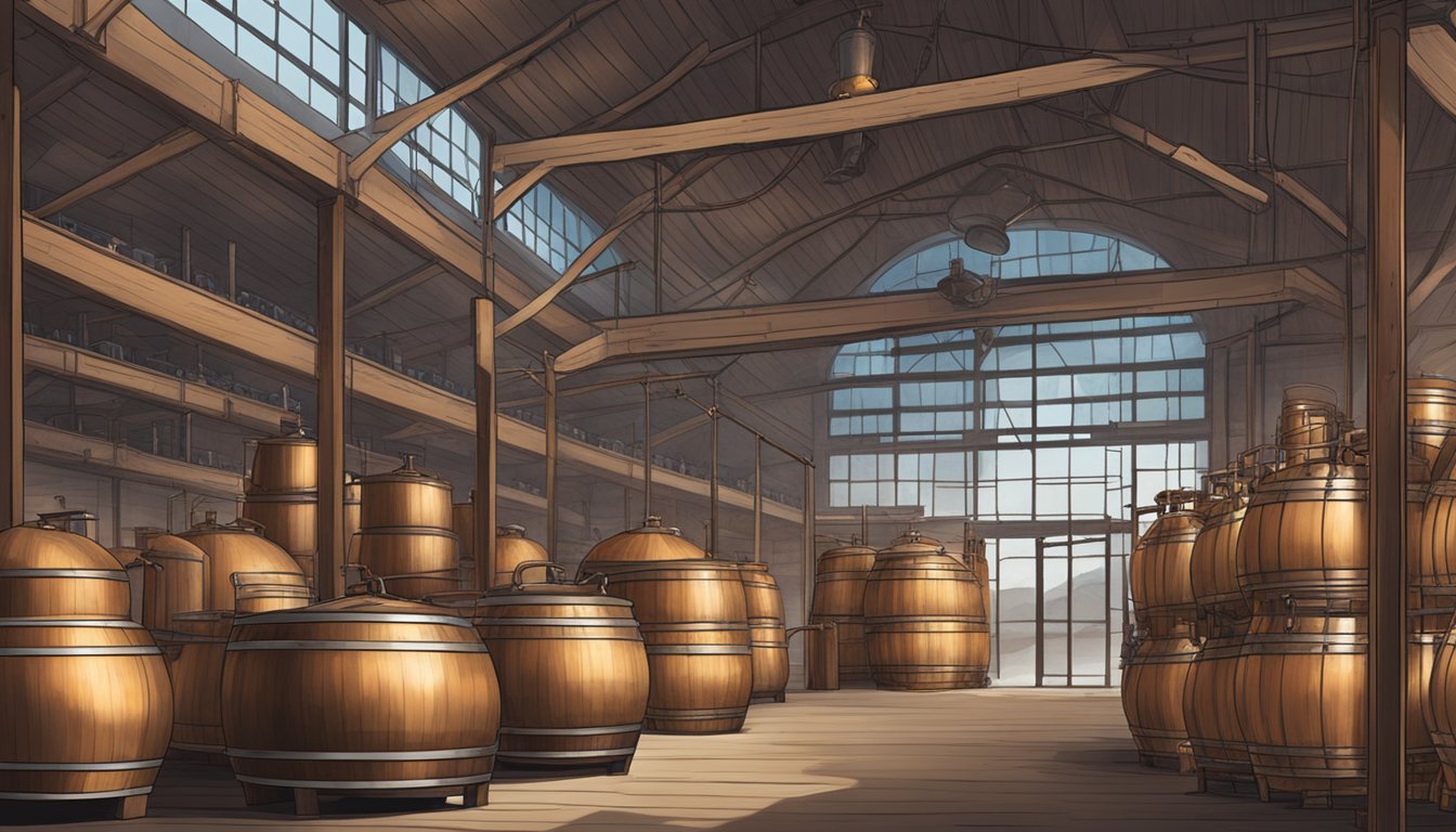 A distillery in Texas producing baijiu, with large copper stills and barrels aging in a warehouse. A mix of traditional Chinese and Texan elements in the design