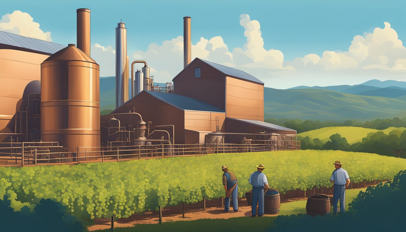 A distillery in Texas, surrounded by rolling hills and a clear blue sky, with workers tending to the grapevines and large copper stills in the background