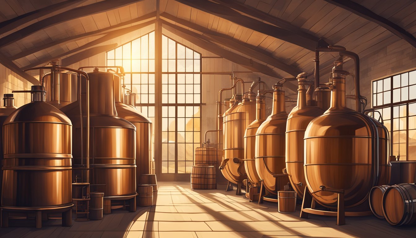 A rustic distillery in the Texas countryside, with copper stills and barrels aging pisco. Sunlight streams in through the windows, casting a warm glow over the production equipment