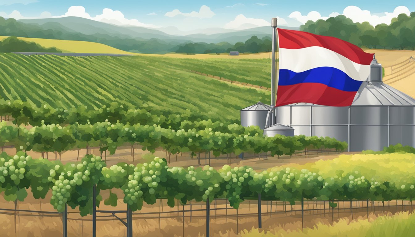 Vineyard landscape with ripe grapes, distillation equipment, and a Texas flag flying proudly in the background