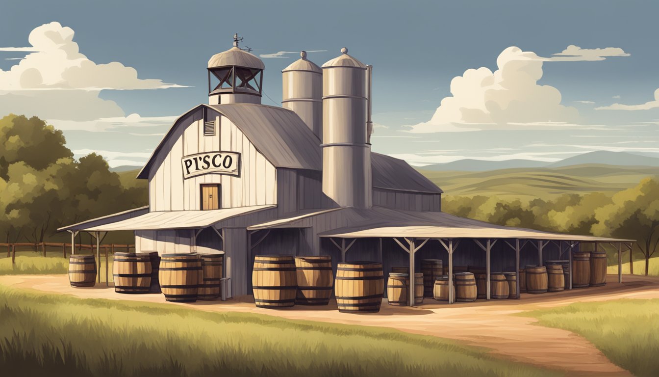 A rustic distillery in the Texas countryside, with fields of grapes and barrels of aging pisco. A proud "Texas Made Pisco" sign hangs above the entrance