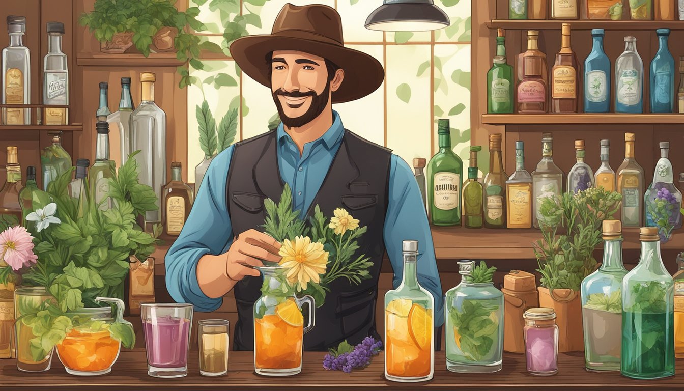 A bartender in a cowboy hat adds fresh flowers to a cocktail shaker, surrounded by bottles of flavored syrups and a variety of herbs and botanicals