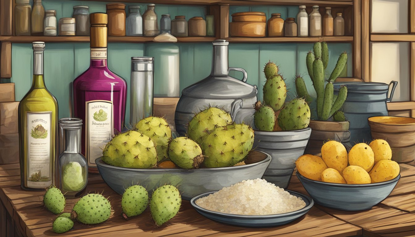 A rustic Texan kitchen with bottles of pisco alongside local ingredients like prickly pear and mesquite, ready to be paired and used in culinary creations