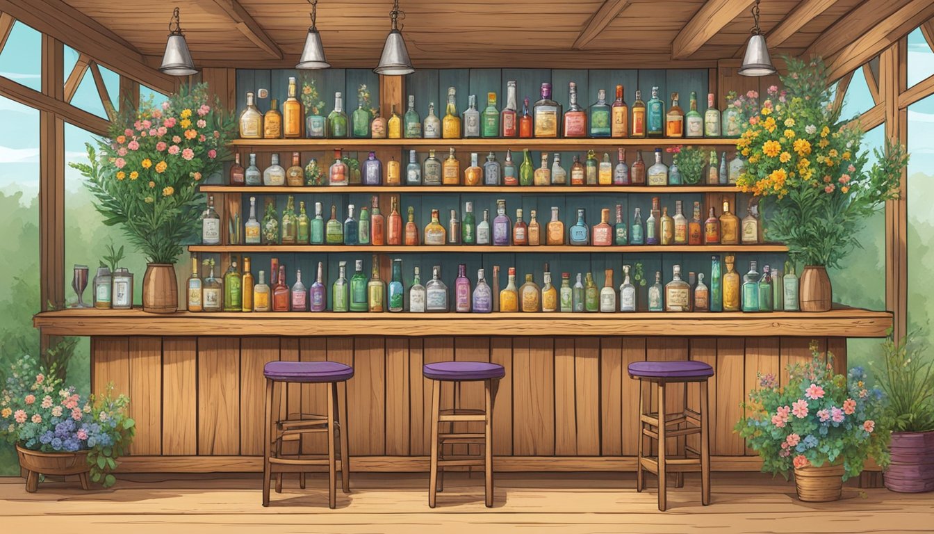 A rustic wooden bar adorned with vibrant wildflowers and herbs, surrounded by vintage cocktail shakers and bottles of floral-infused spirits