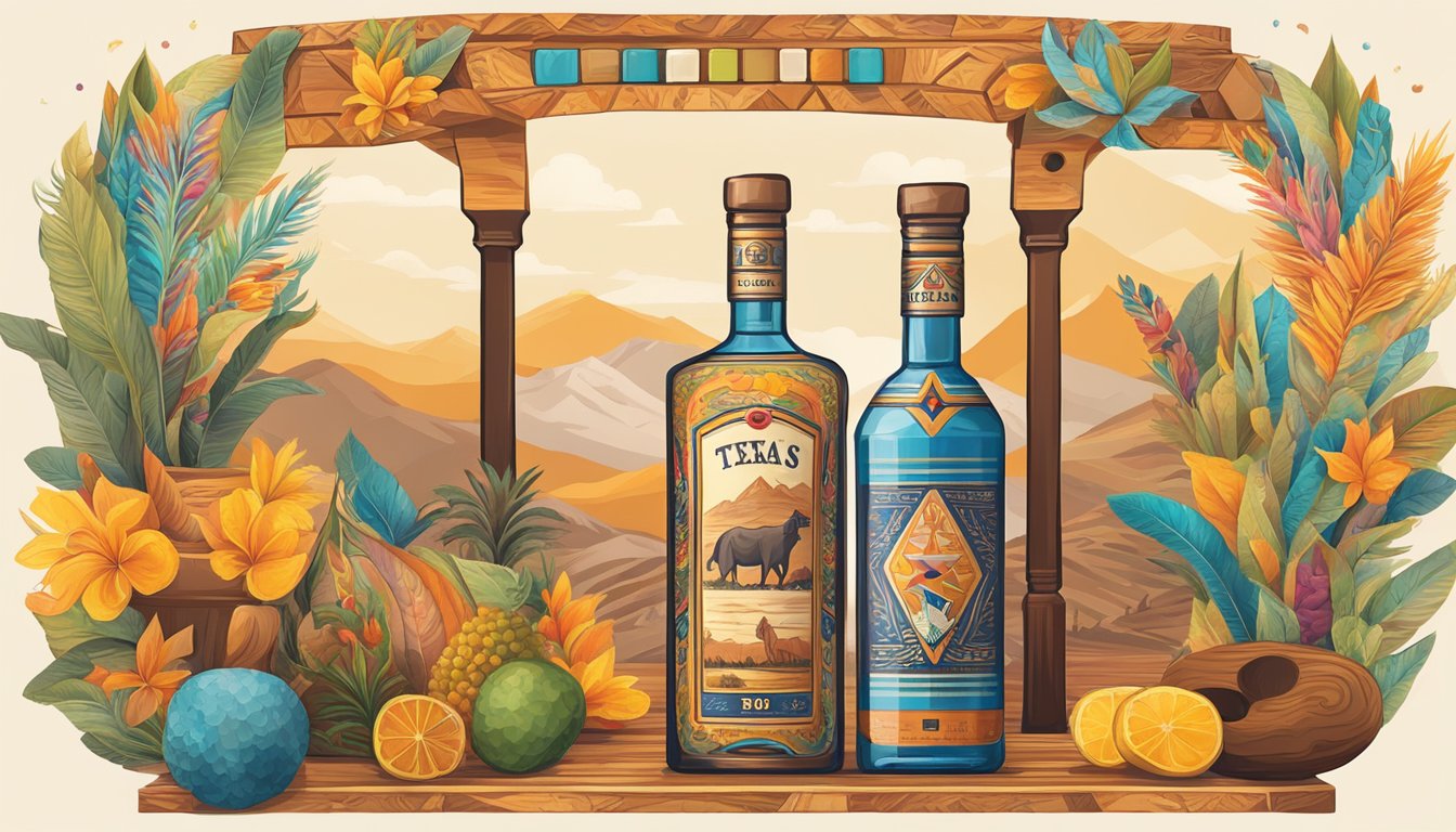 A bottle of Texas-made Pisco stands prominently on a vibrant, culturally diverse display, surrounded by traditional Peruvian and Texan symbols