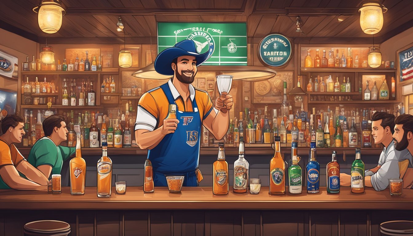 A bartender in a Texas sports-themed bar crafts cocktails with team colors and logos, surrounded by memorabilia and cheering fans