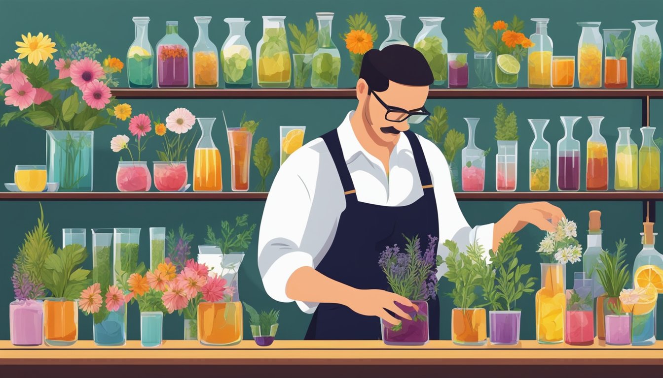 A bartender carefully selects and arranges a variety of fresh, colorful flowers and herbs on a bar counter, ready to infuse their fragrant flavors into a row of cocktail glasses