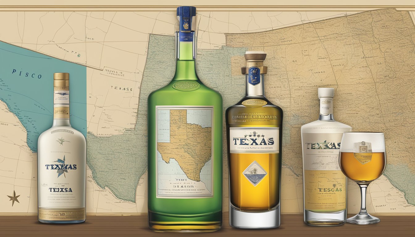 A bottle of Texas-made pisco stands next to other spirits, with a map of Texas in the background