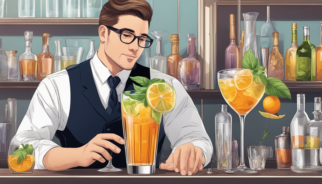 A bartender expertly infuses floral flavors into a cocktail using advanced techniques and elegant glassware