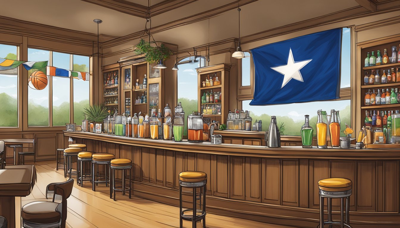 A Texas Mocktails cocktail bar adorned with sports team memorabilia and colors, with a Lone Star flag backdrop and a lively game day atmosphere