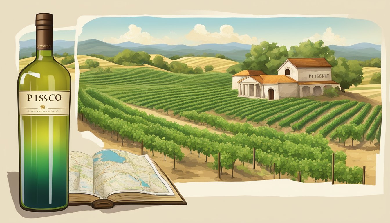 A vineyard in Texas with a bottle of pisco and a map of the state, surrounded by legal documents and court gavels