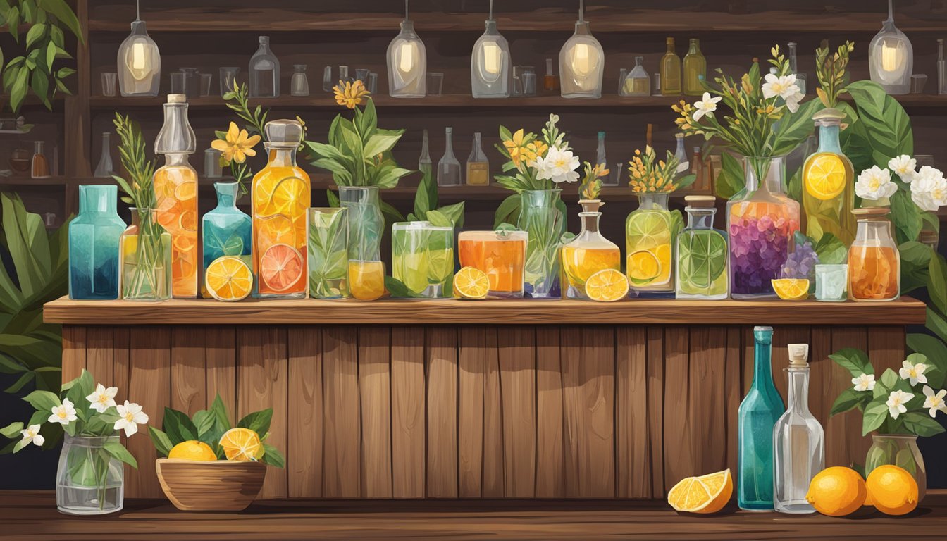 A rustic wooden bar adorned with fresh flowers, citrus slices, and colorful botanicals, surrounded by various glassware and bottles of floral-infused syrups and spirits