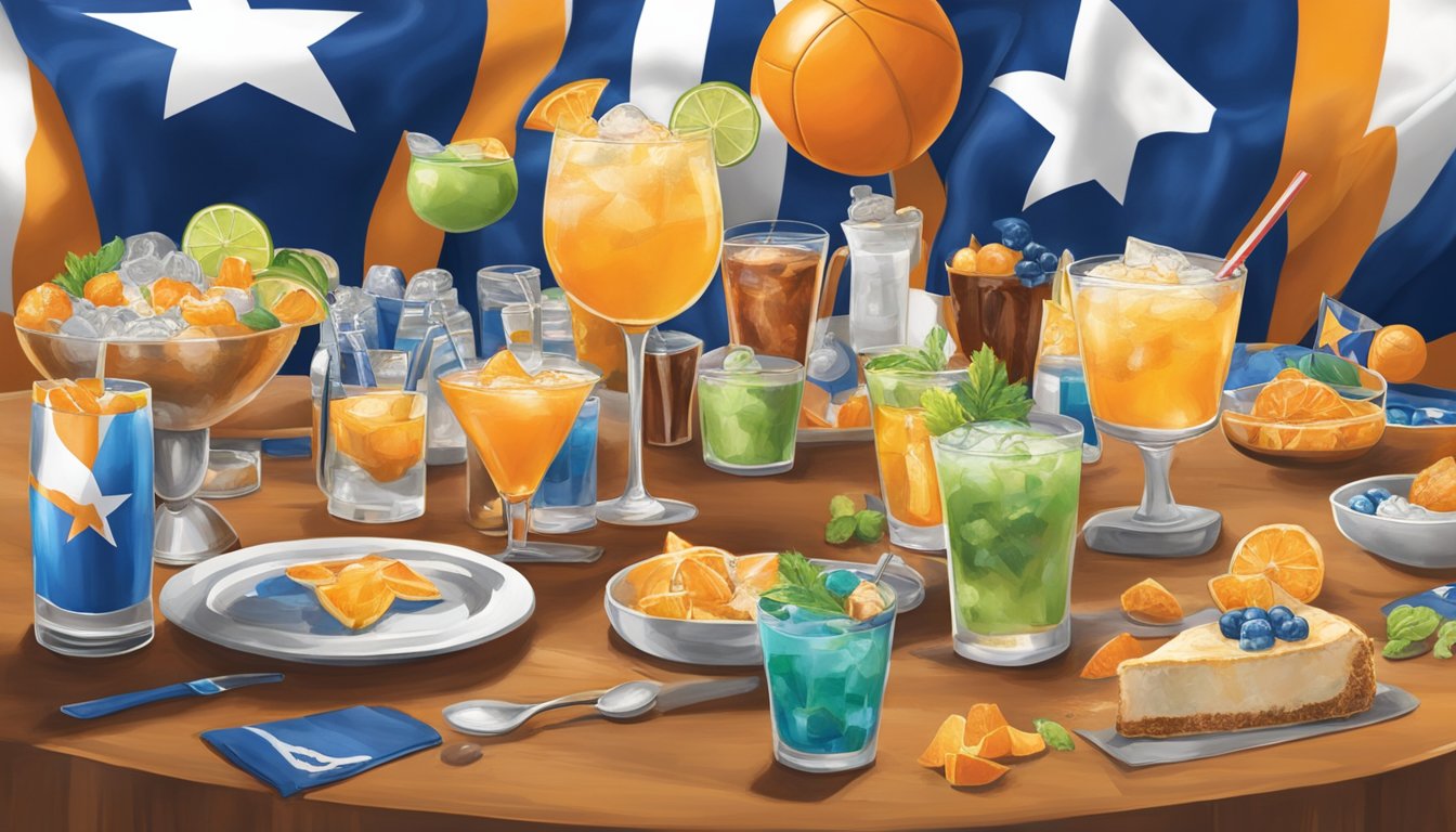 A table set with cocktails in Texas sports team colors, surrounded by sports memorabilia and fans cheering