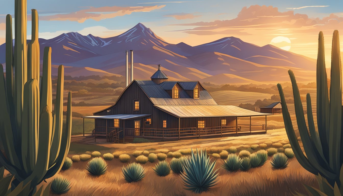 A rustic Texas distillery with copper stills, surrounded by rolling hills and agave fields, as the sun sets behind the mountains