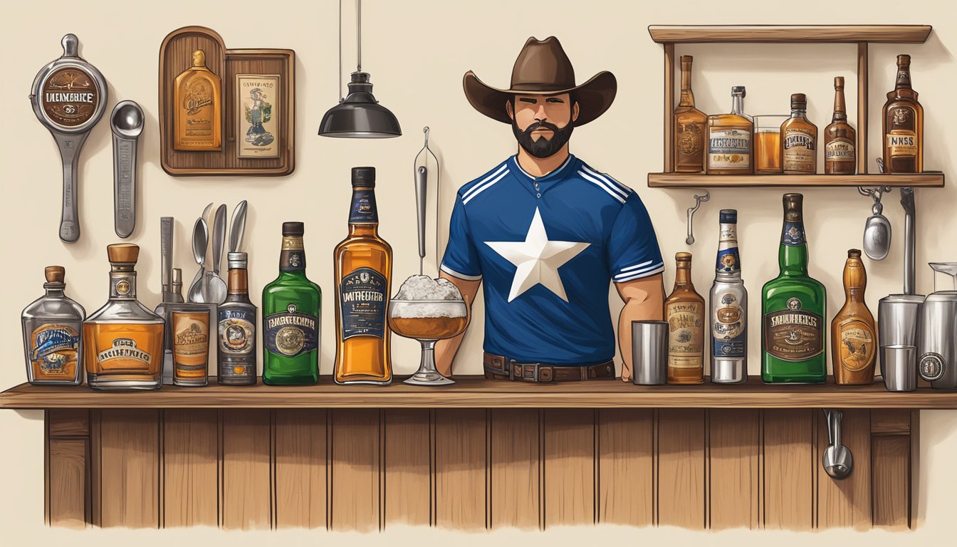 A home bar setup with Texas sports team memorabilia, cocktail shaker, jigger, muddler, and bar spoon. Ingredients like whiskey, tequila, and local craft beer are displayed