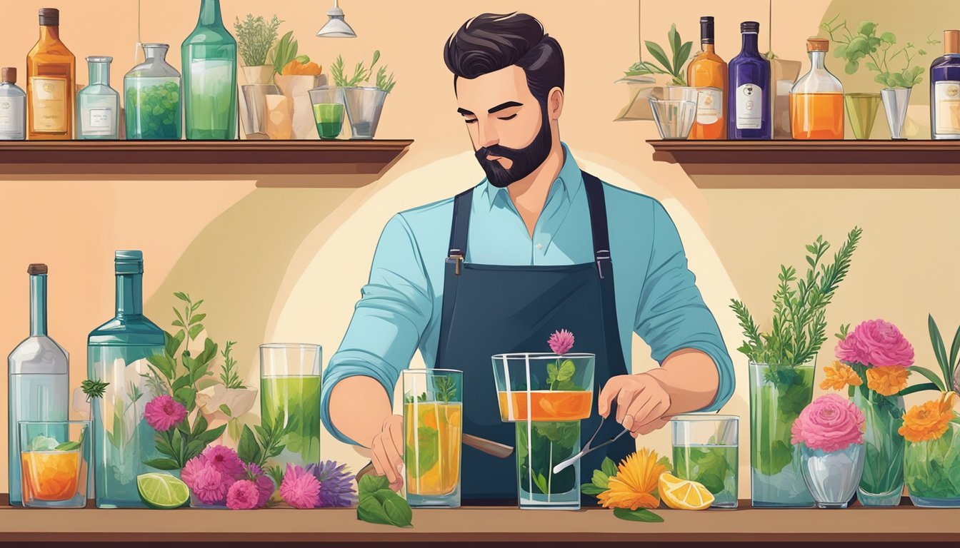 A bartender carefully selects and arranges vibrant, fresh flowers and herbs to infuse into colorful cocktails, adding a touch of elegance and sophistication to their creations