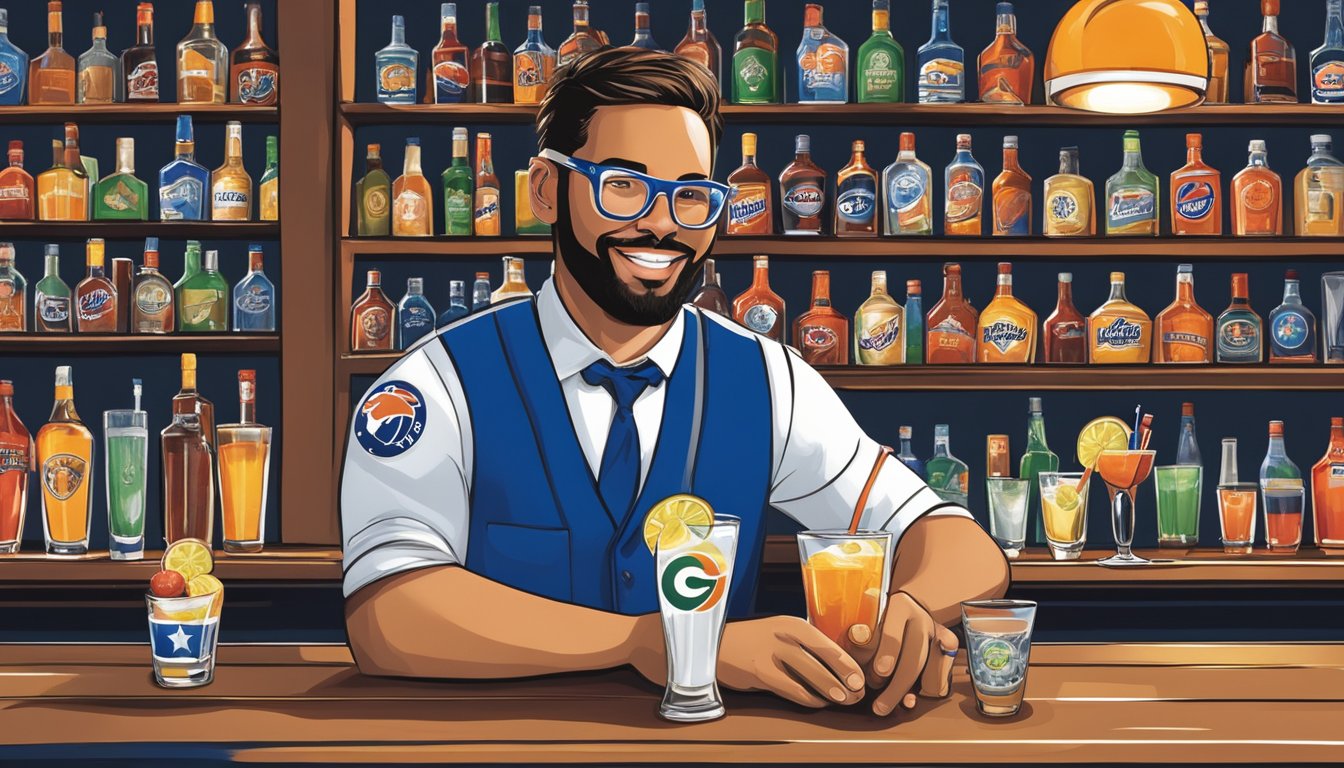 A bartender mixing cocktails in Texas sports team-themed glasses with team logos and colors in the background