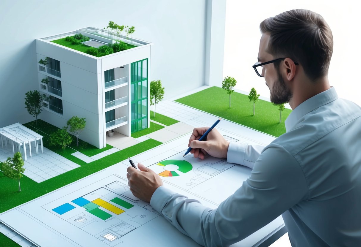 An architect drawing plans for a sustainable building, incorporating green design elements and BIM technology